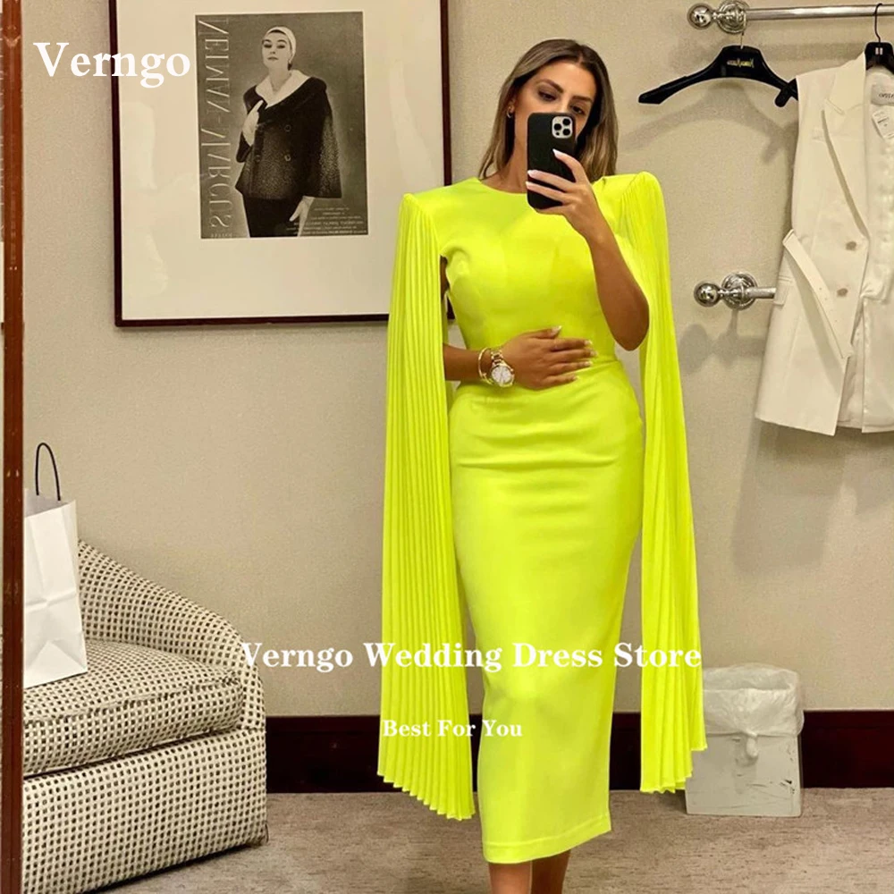 

Verngo Saudi Arabic Women Fluorescent Green Evening Dresses Pleats Long Sleeves O-Neck Tea Length Prom Formal Party Dress