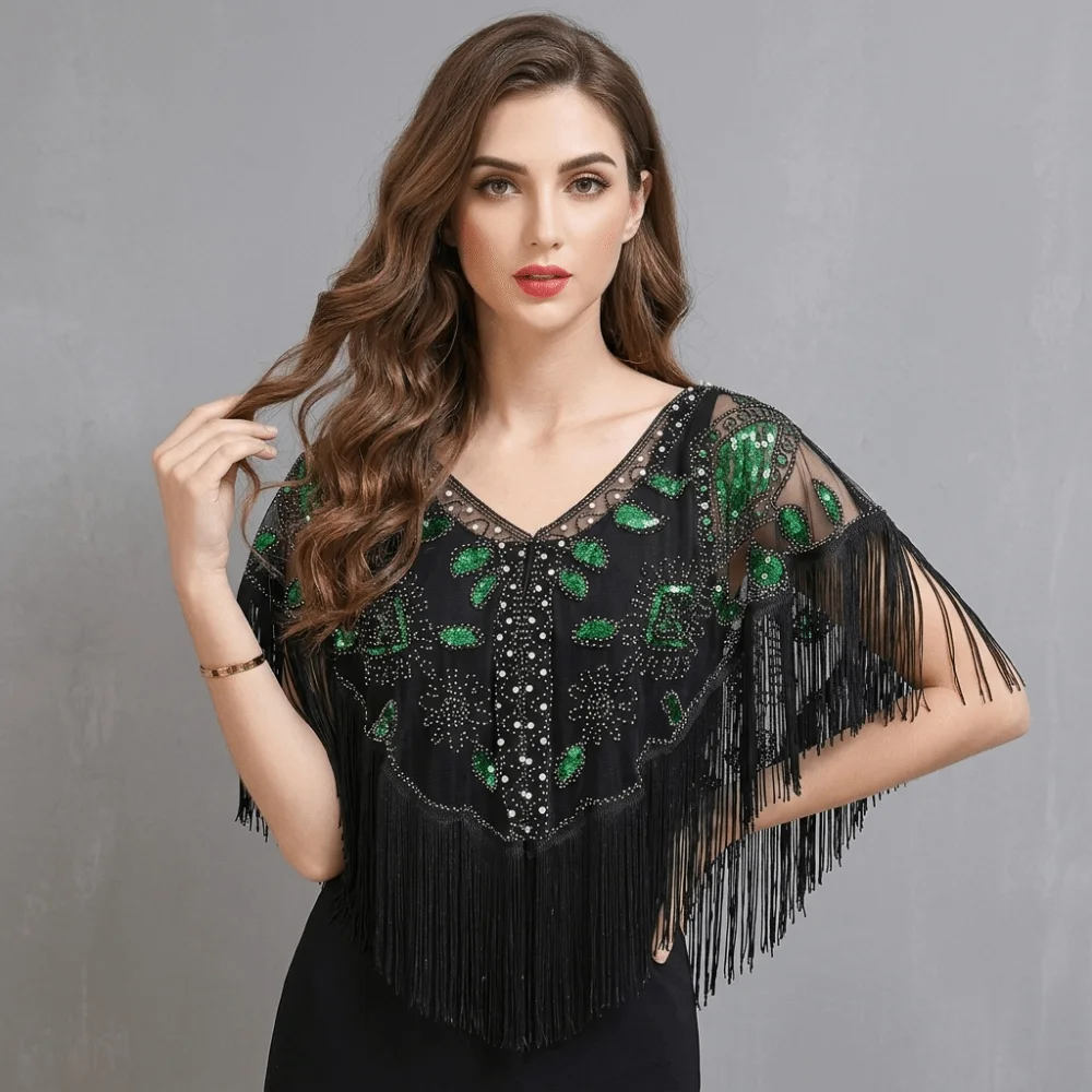 New Mesh Wrap Sequined Shawl With Tassel Cloak Flapper Shawl Sheer See Through Tulle Shawl Fringe Shawl Women