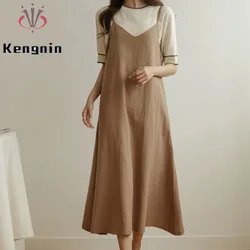 Dresses for Women 2025 Loose Elegant Dress Woman Sexy Sleeveless Spaghetti Strap Pockets Cotton Off The Shoulder Dress KE1409