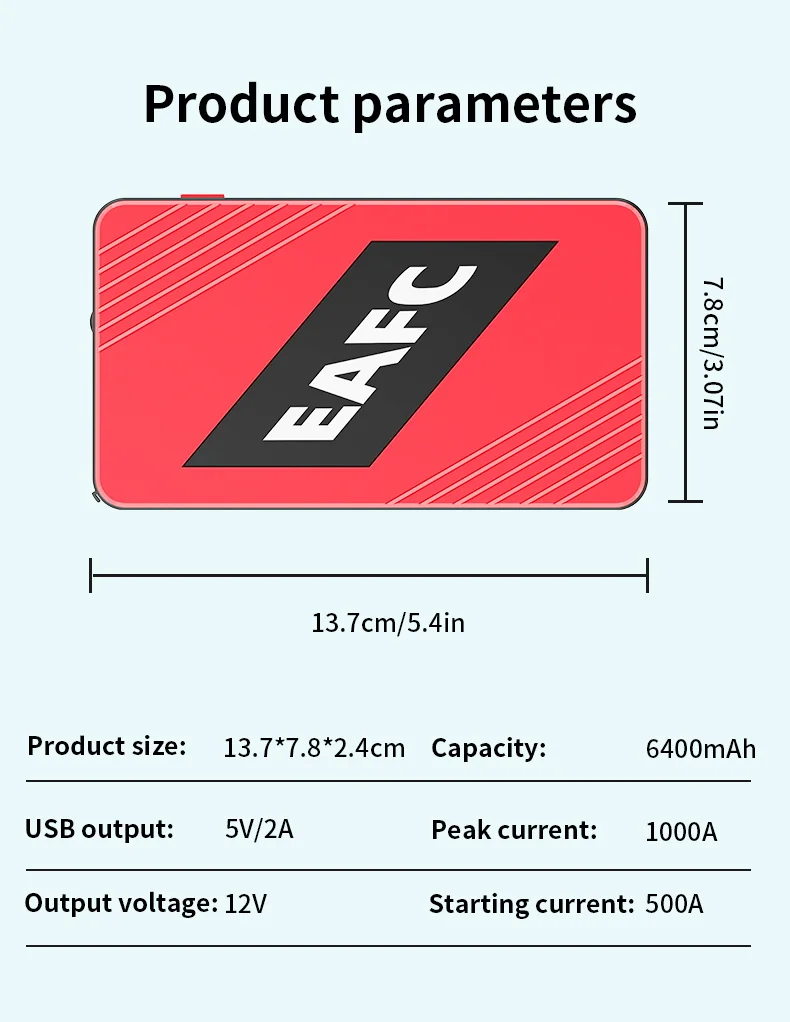 EAFC 600A Peak Car Jump Starter Power Bank, tragbarer 12-V-Batterieladegerät-Booster mit USB-Anschluss und SOS-LED-Licht – Detail 7