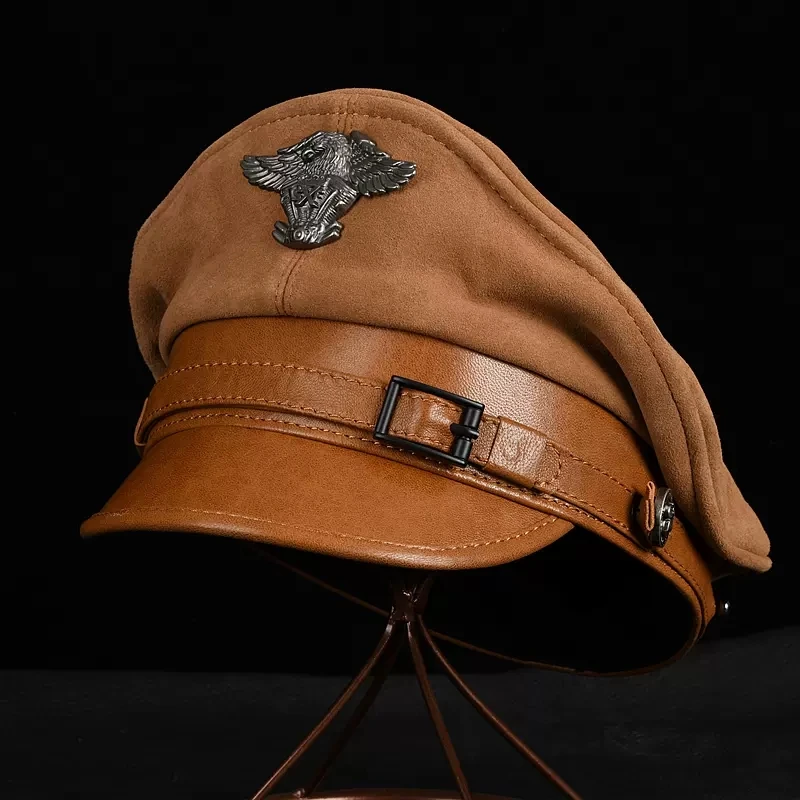 Men‘s Fashion Hat Winter Men Motorcycle Short Brim Flat Top Suede Leather Hat Patchwork German Military Marine Captain Gorra