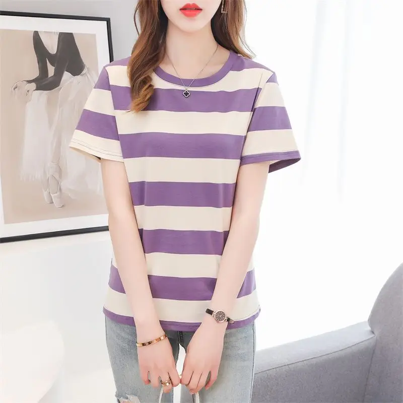 

Fashion Printed O-Neck Short Sleeve Striped Blouse Women's Clothing 2023 Summer New Oversized Casual Pullovers Korean Shirt