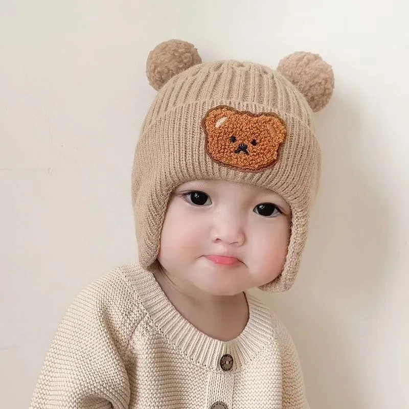 Baby wool hat cute bear ear protection hat children winter thickened warm knitted Korean version of the baby hat