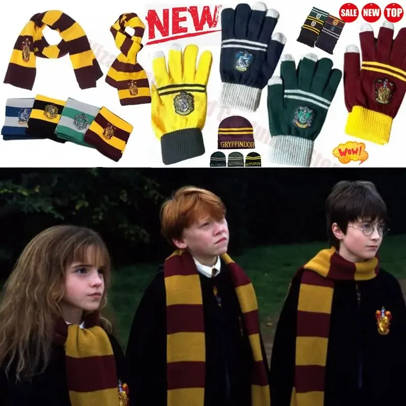 NEW HarryyPotter Slytherin Scarf Tie Gloves Hufflepuff Ravin Claw Hermione Scarf Hermione Cosplay Warm Knit Scarf Hat Gifts