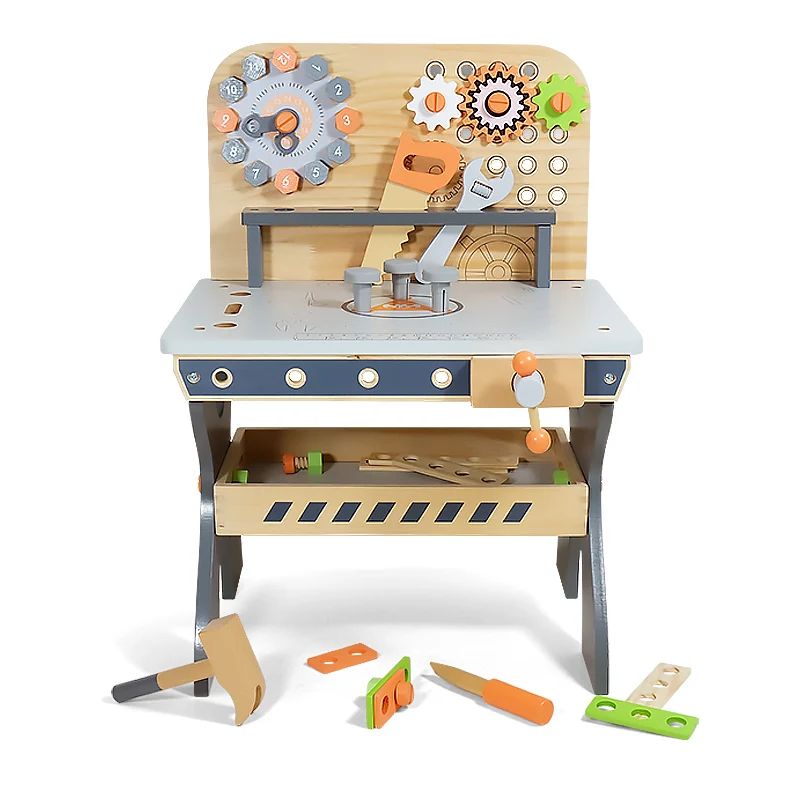 New Wooden Clock Kids Wood Tool Set Toddler Workbench Realistic Tools for Construction Workshop Tool Bench Stem Pretend Play