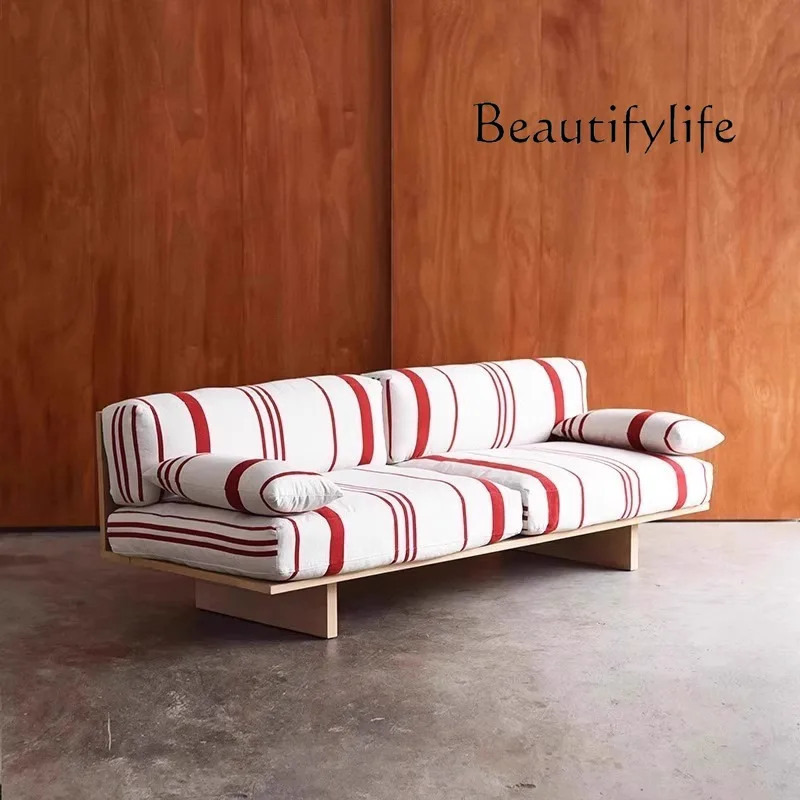 

Medieval solid wood sofa living room small apartment straight three-person retro fabric sofa designer