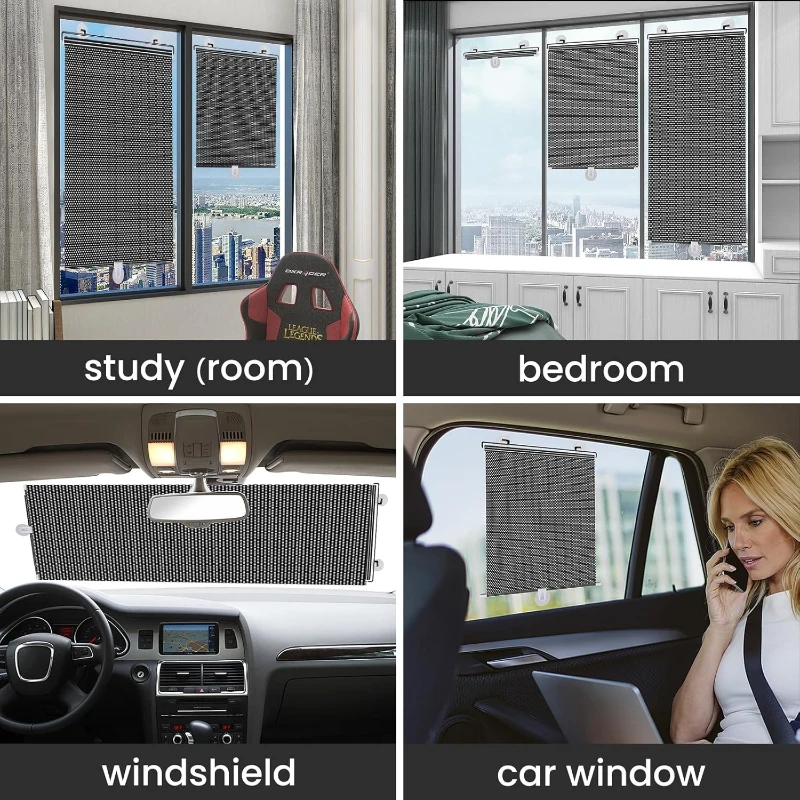 Rollable Adjustable Sun Protection Blind with Breathable Mesh Easy‑Install Suction Cup Roller Curtain for Indoor Car Sun‑Shading