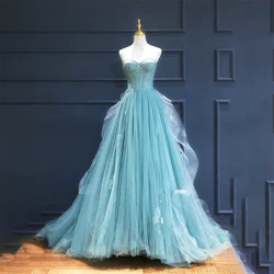 Lily Sky Blue A Line Special Occasion Dresses Net Glitter Formal Gown Long Tiered Sweetheart Evening Dresses vestidos de fiesta