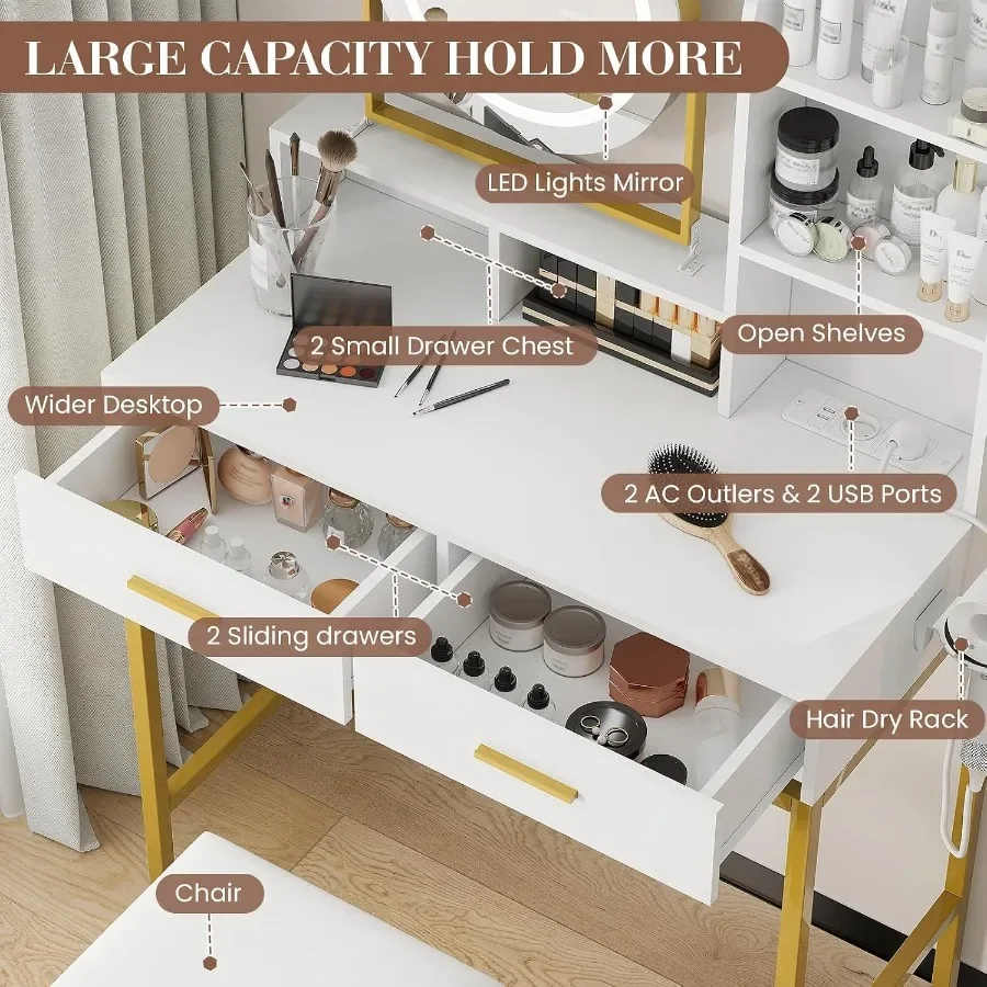 GAOMON Rotating Mirror Vanity Desk with Adjustable Light Power Outlet Makeup Desk with 2 Drawers, Storage Shelves Stool 3-Color
