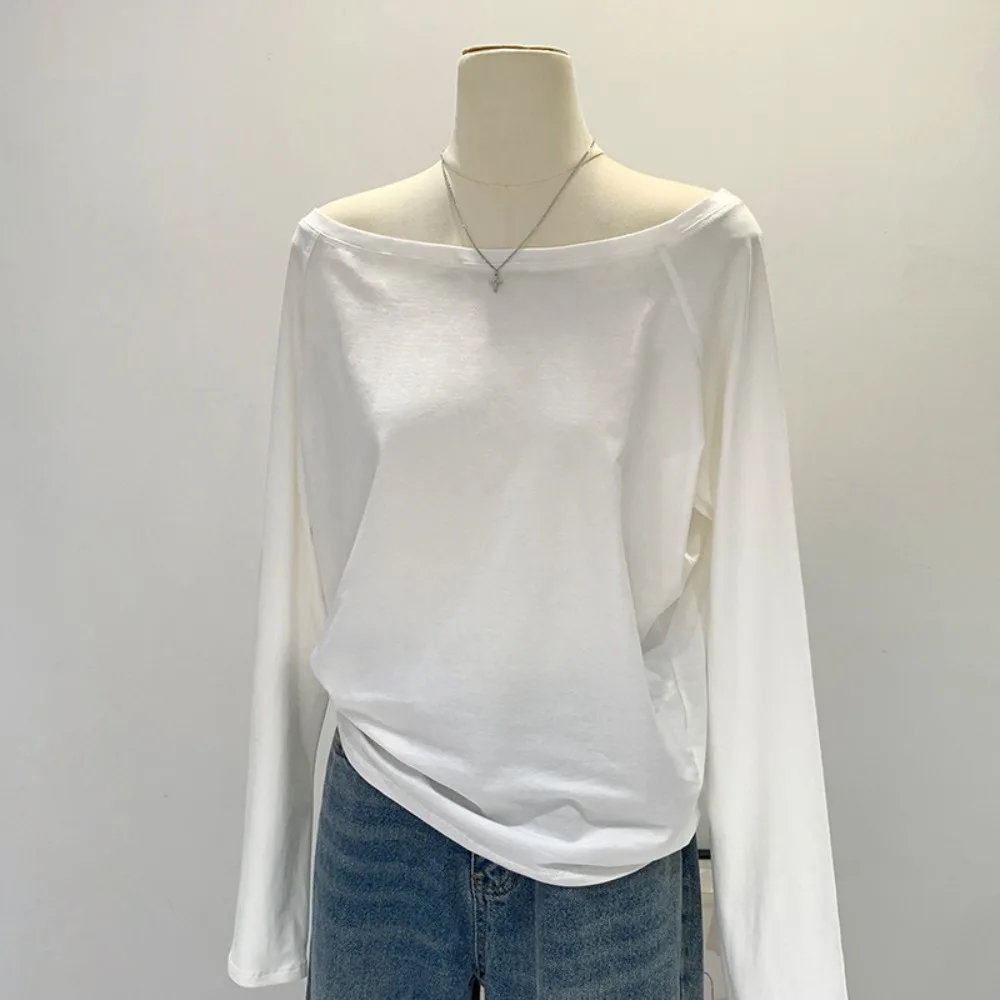 Casual Cotton One Shoulder Shirt Long Sleeve Loose-fit Slant Shoulder Shirt Solid Color Off-shoulder Top Women's Clothing