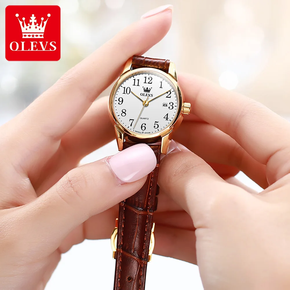 OLEVS 5566 Women Watch Original Watch Arabic Numerals Quartz Watch Waterproof Luminous Leather Strap Date Watch Bracelet Set