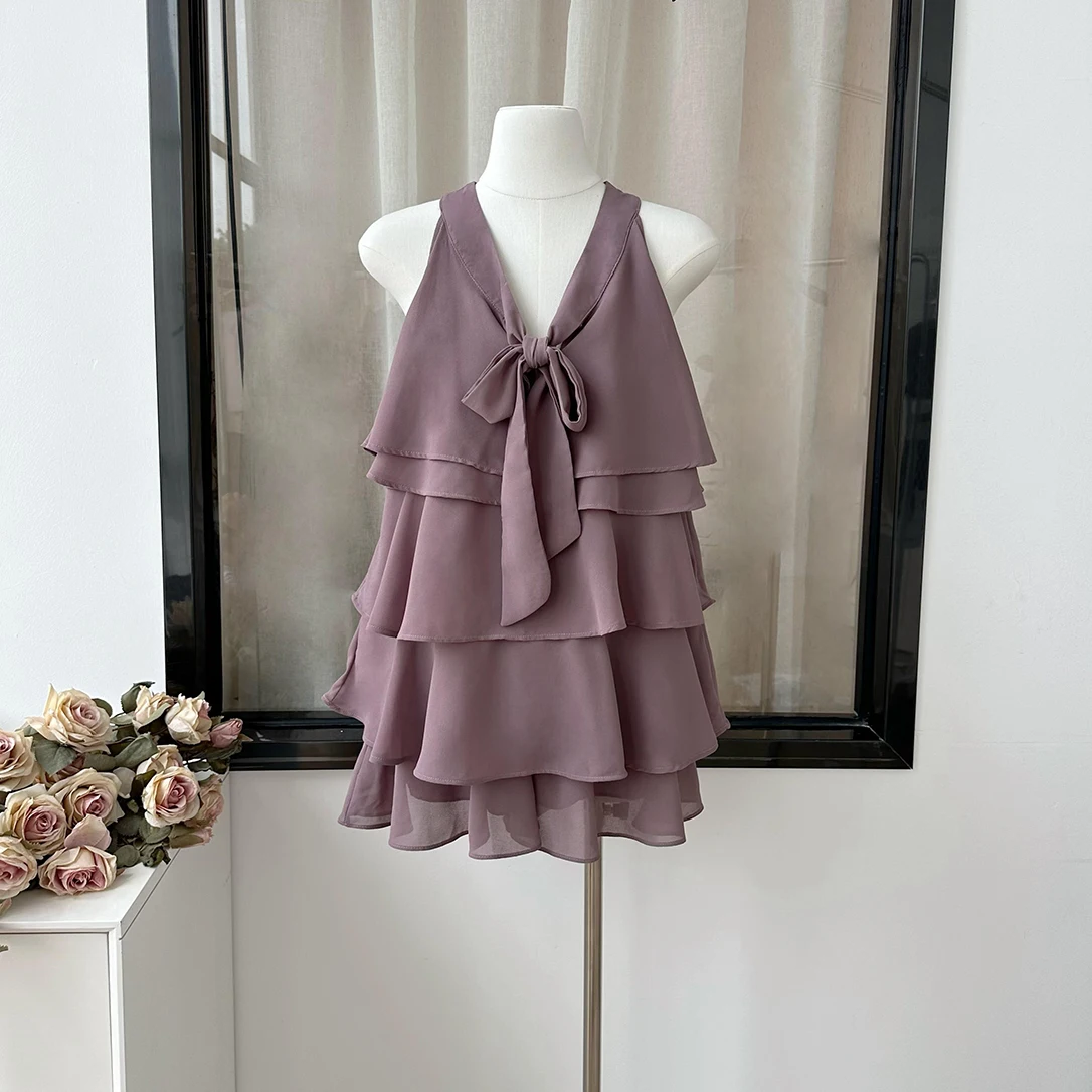 

Women's Summer Sweet Two Pieces Layered Ruffles Skirt Set Lady Elegant Bowknot V Neck Sleeveless Blouse + A Line Skirt