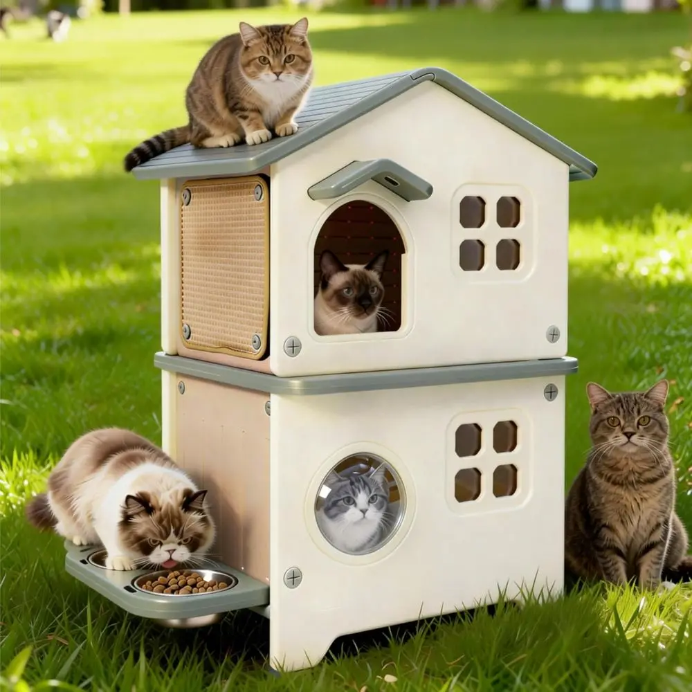 

Insulated Outdoor Cat House Weatherproo or eral Multi Cat, 2 SPlastic Elevated Cat Shelter with Ese Door, Scratching Post, Stain