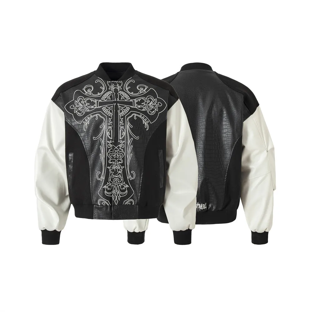 

High street dark cross embroidered baseball jacket men's trendy color matching sleeves crocodile pattern PU leather jacket