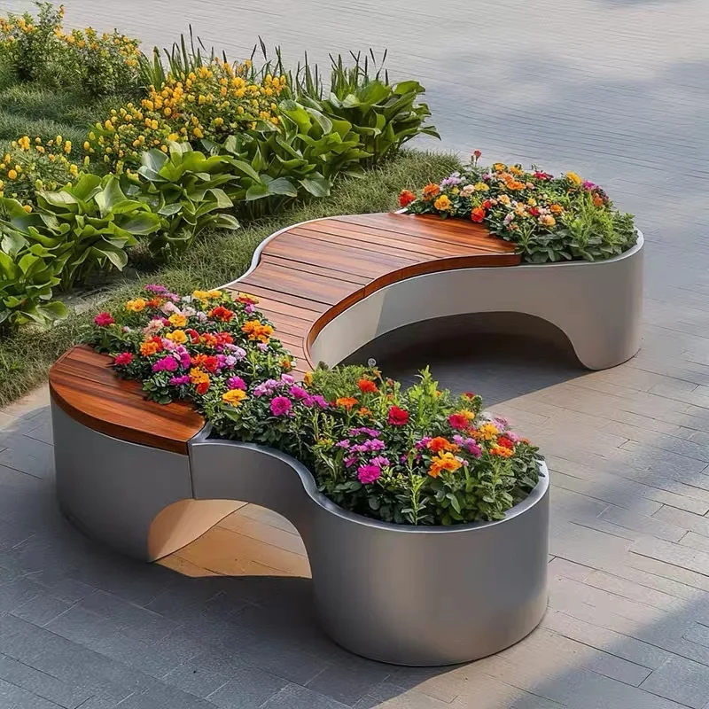 Stainless steel seat outdoor park preservative wood courtyard pedestrian street stool flower box combination