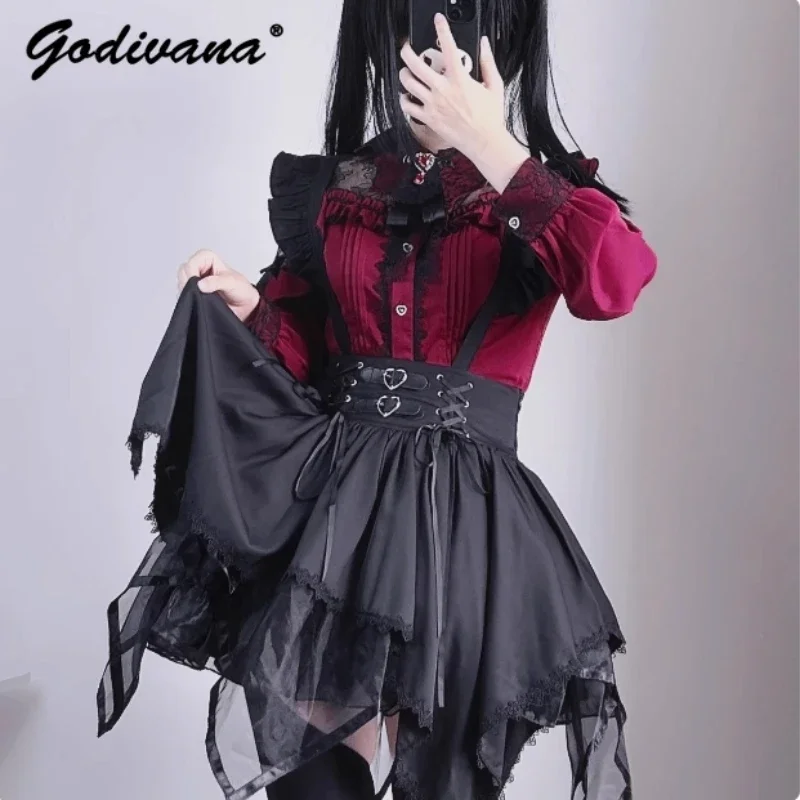 Original Japanese Mine Sweet Lace Burgundy Shirt Long Sleeve Black Blouses Irregular Hem Leather Buckle Multi-layer Straps Skirt