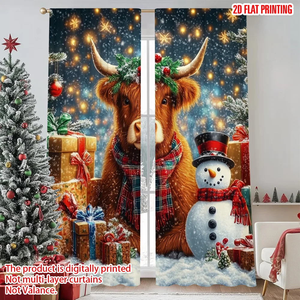 

2pcs 2D flat printing Merry Christmas Curtains Highland Cow and Snowman Christmas Machine Washable Polyester Without Electricity