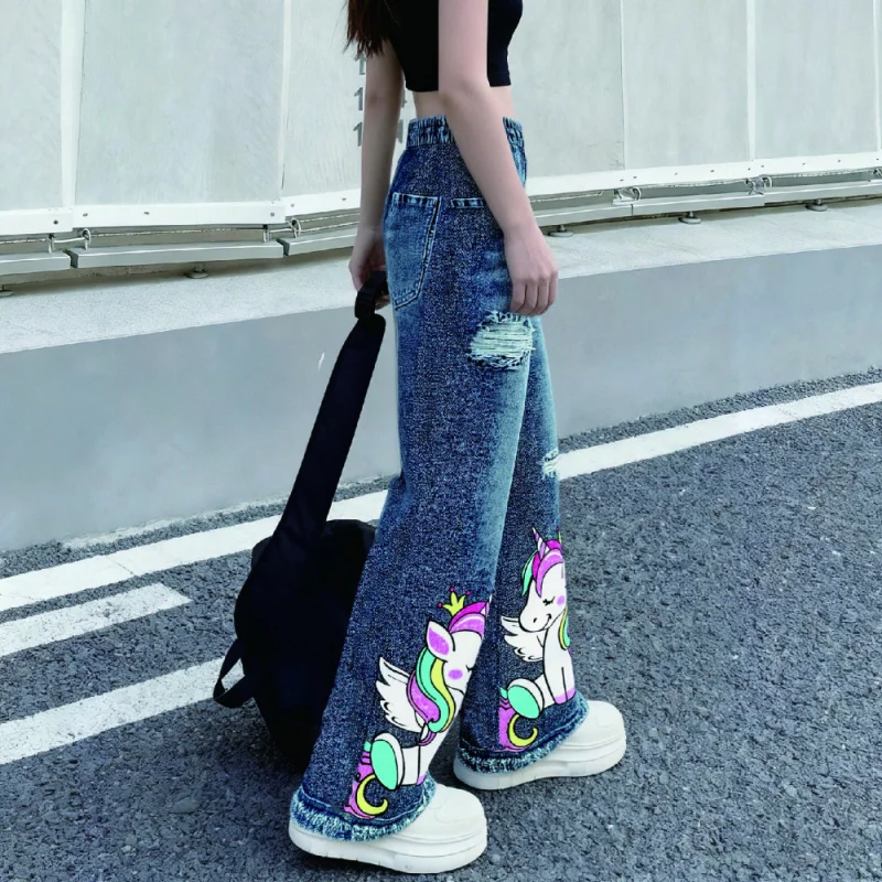 Мода для девочек Y2K в уличном стиле 2025 года — винтажный милый принт единорога — детские свободные широкие брюки из искусственного денима