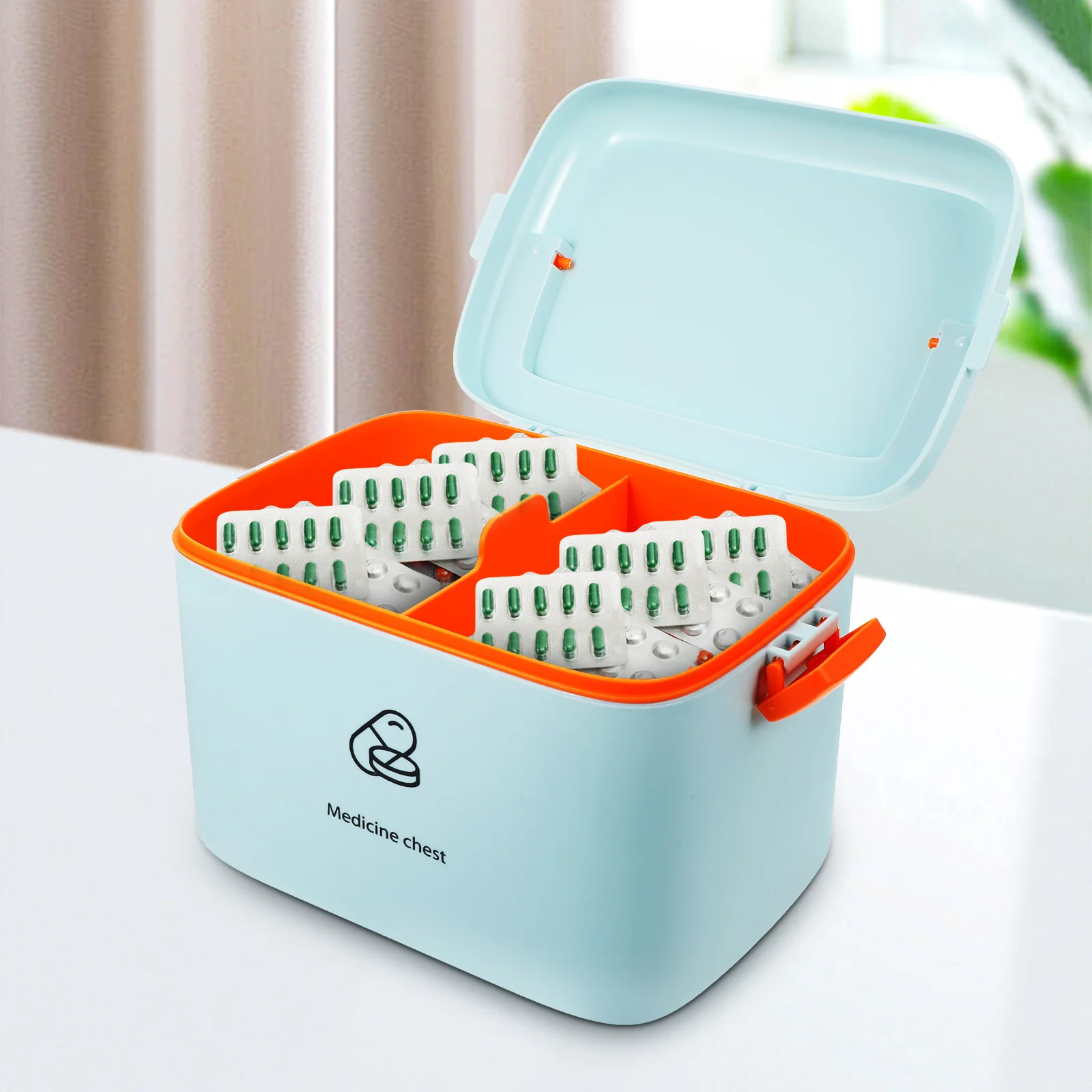 

Medicine Storage Box Large Capacity Portable Dual layer ABS Safety Clasp Round Edge Household School First Aid Case Pill