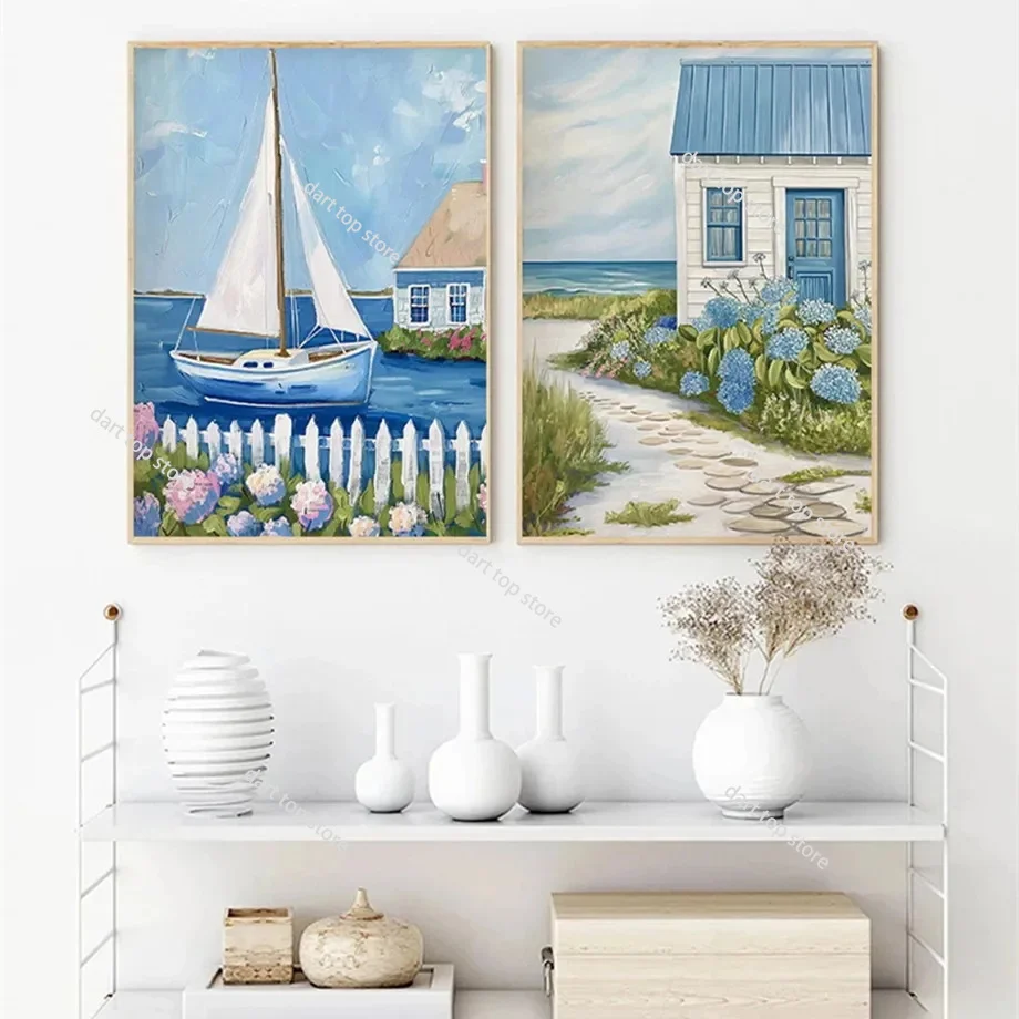 Blue Coastal Beach Seashell Sailboat Hydrangea Posters Prints Canvas Painting Wall Art Pictures Living Room Home Decor Cuadros