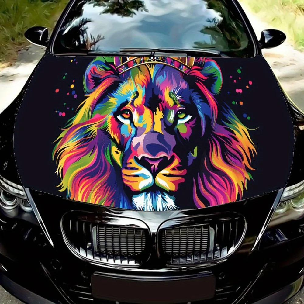 

Legendary Colored Lion Art Car Hood Vinyl Wraps Sticker, Car Engine Decal, Waterproof Self-adhesive Car Packaging Cover, Univers