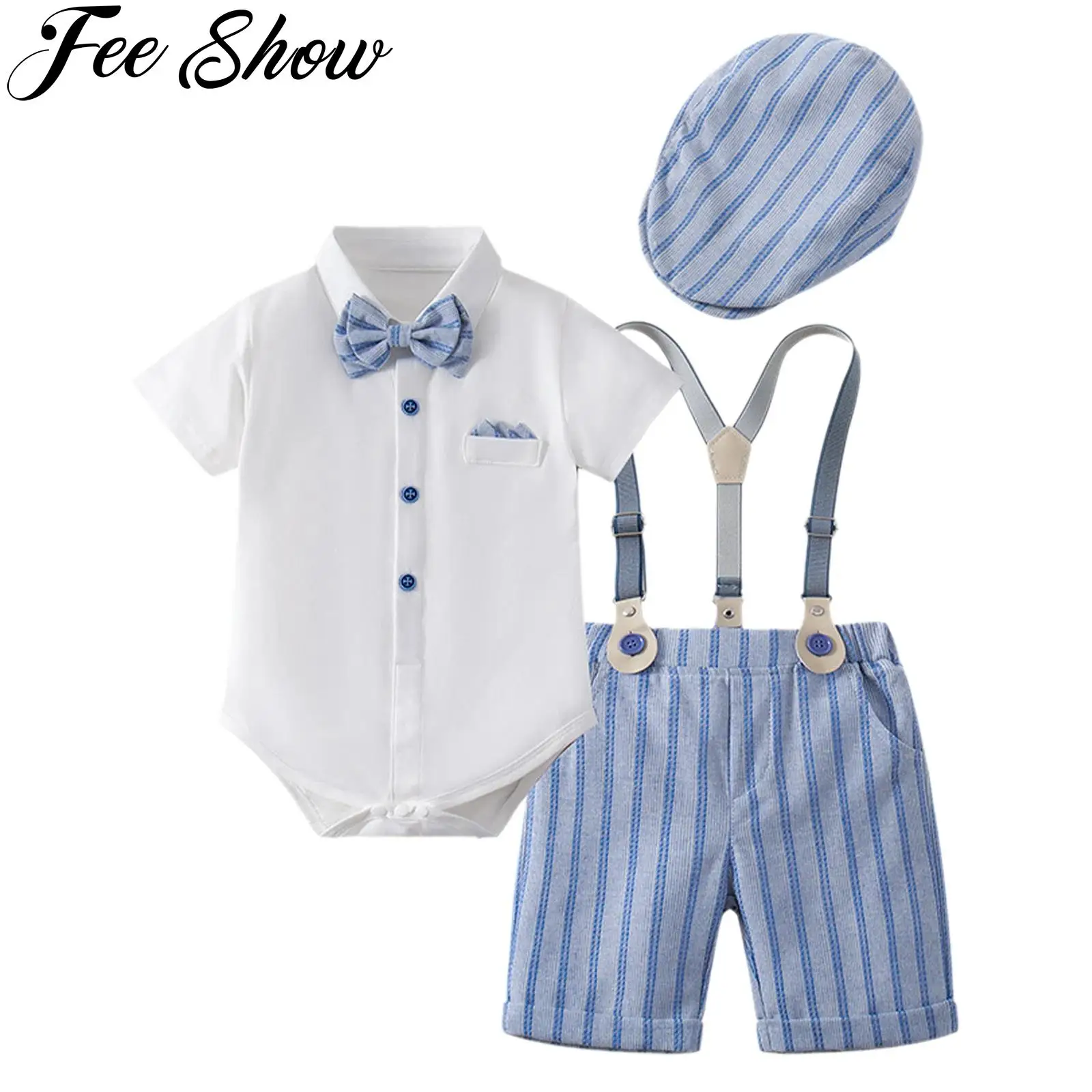 

Baby Boys Clothing Short Sleeve Lapel Bowtie Shirt Romper with Striped Suspender Shorts Hat Wedding Party Banquet Baptism Suit