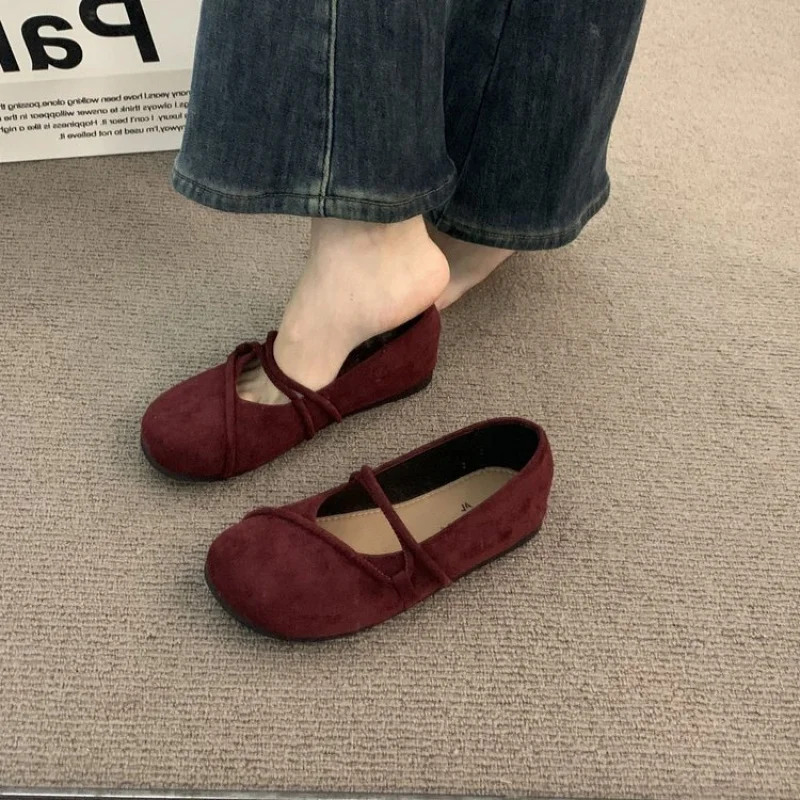 حذاء نسائي أنيق بني ماري جين مسطح على الطراز الفرنسي من جلد الغزال بدون كعب مجموعة الربيع/الخريف حذاء مسطح لارتداء غير رسمي #2