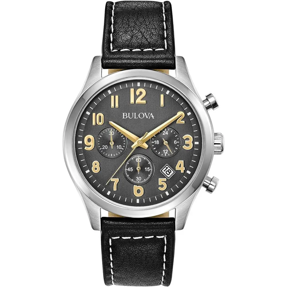 

Мужские классические часы Bulova из нержавеющей стали с 6 стрелками, кварцевым хронографом, кожаным ремешком, серым циферблатом, золотыми акцентами, метками, 41 мм