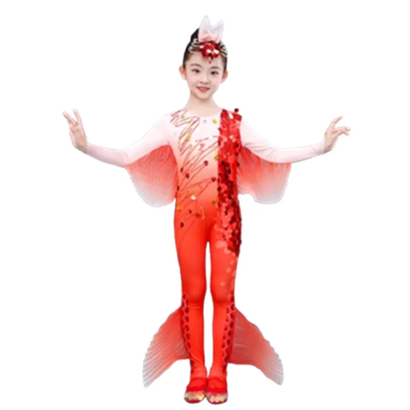 

Костюм рыбы красного карпа для девочек, детский танцевальный костюм с животными (головные уборы + одежда)