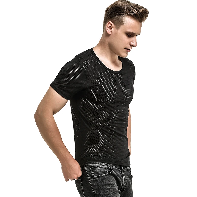 3pc  Men's ice screen eye T shirt Men's mesh hole breathable mesh hollow sport summer fast dry loose V-neck mesh short sleeve