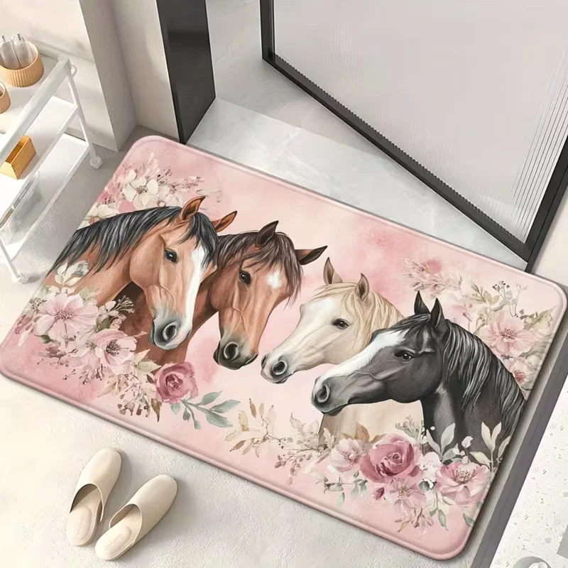 Alfombra de puerta con diseño de cuatro caballos y flores, adecuada para baño, dormitorio, sala de estar, camping, yoga, alfombra absorbente con diseño floral de caballos