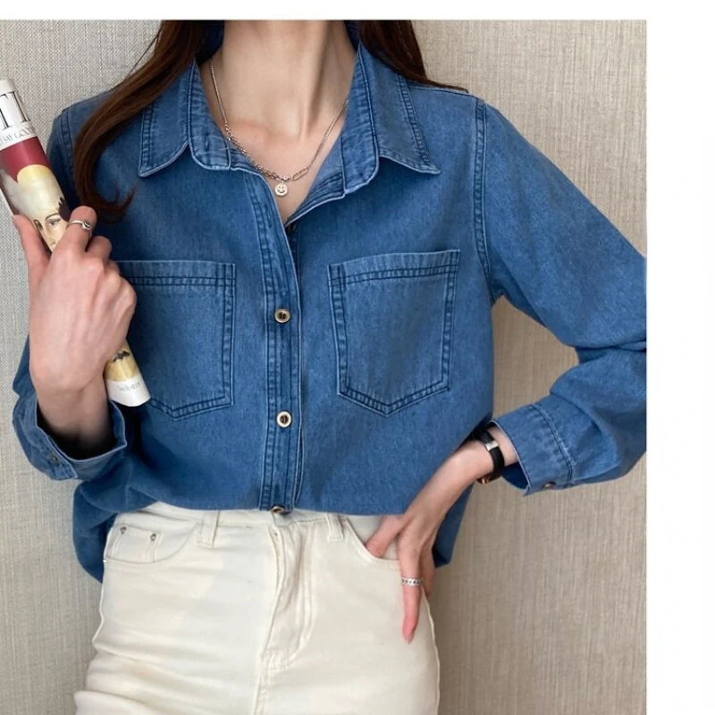 Retro Blue Shirt Denim Shirt for Women Autumn 2024 New Design Shirts Long Sleeved Solid Single Breasted Jeans Jacket for Women