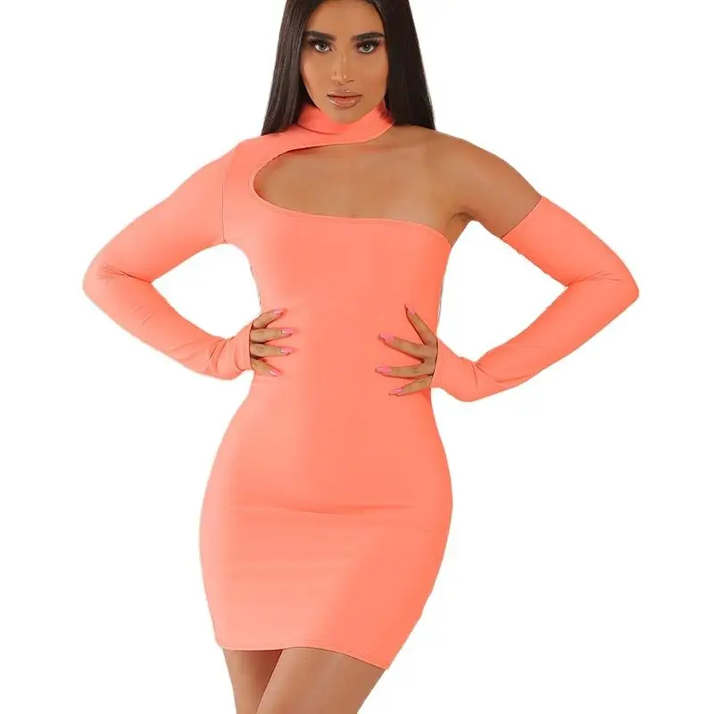 European and American Summer New Women's Wear Single Shoulder Long Sleeve Hollowed-Out Tight Sexy Mini Short Dress