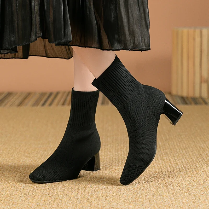 Spring Autumn Knitted Socks Boots Women High Heels Plus Size 43 Fashion Stretch Fabric Pointed Toe Female Slip on Mid-Calf Boots