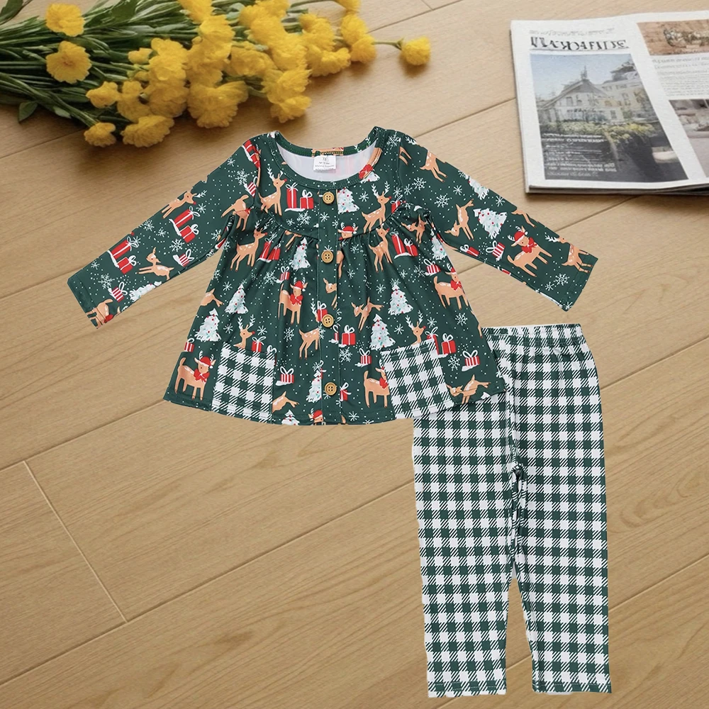 

9.25 Kids Winter Clothes For Girls Baby Girls Christmas Deer Pocket Tunic Dots Checkered Legging Pants Clothing Sets