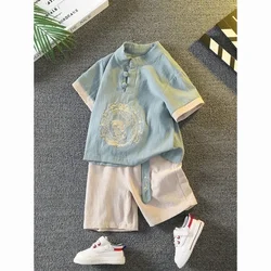 Estate carino cotone lino drago ricamo manica corta vestito Tang per ragazzi stile cinese abbigliamento per bambini abbigliamento Tai Chi