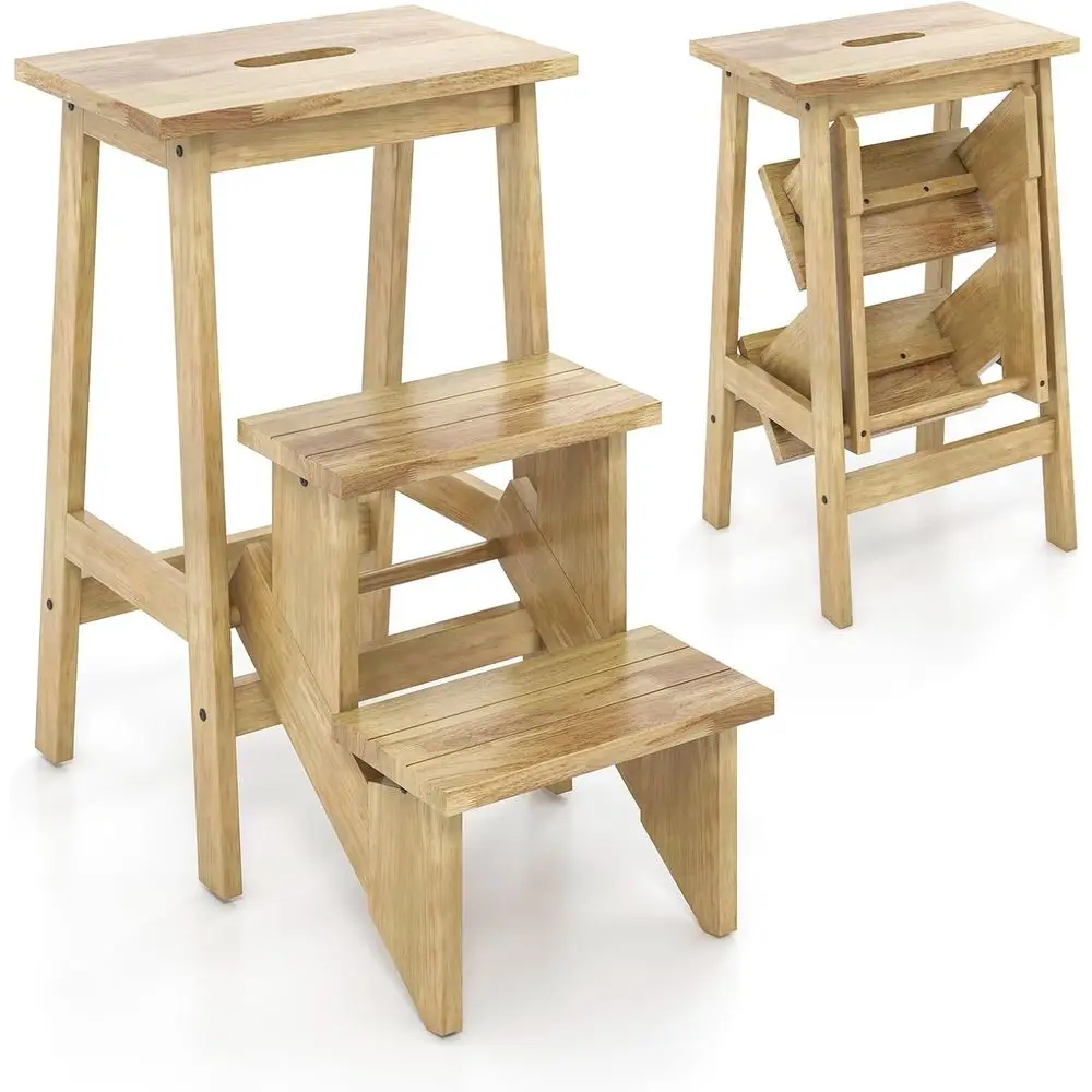 

3-in-1 Wooden Step Ladder with Handle, Non-Slip Pedals, Storage Shelf for Kitchen, Garage, and Home Use