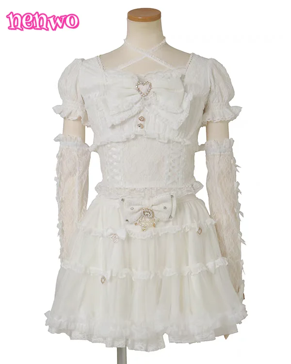 Japanese Sweet Heavy Industry Splicing Sleeve Strap Lace Bow Lace Shirt Summer Autumn New Elastic Slim Long-sleeve Tshirt Top