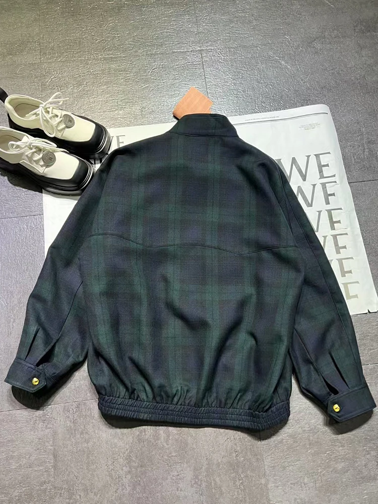 Vintage plaid pocket design wool loose shoulder coat 2024 autumn women's new fashion all-match straight jacket