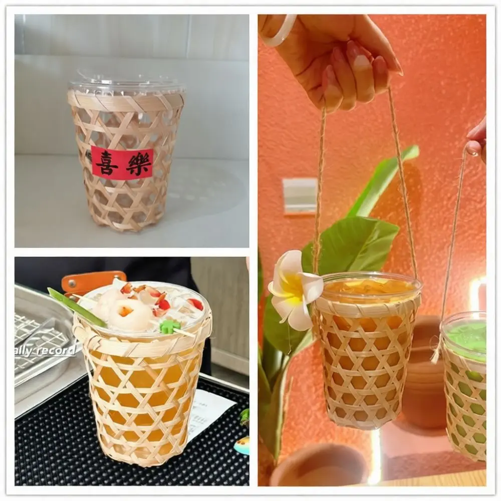 Handcrafted Bamboo Tray Cup Sleeve Portable Drink Carrier Retro Milk Tea Basket Sustainable Coffee Bottle Holder Case