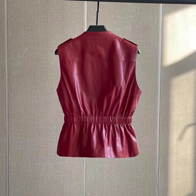 Women's Genuine Leather Vest, Red Sheepskin, Slim Waist, Short Style, Casual Versatile Sleeveless Leather Jacket, Spring Autumn