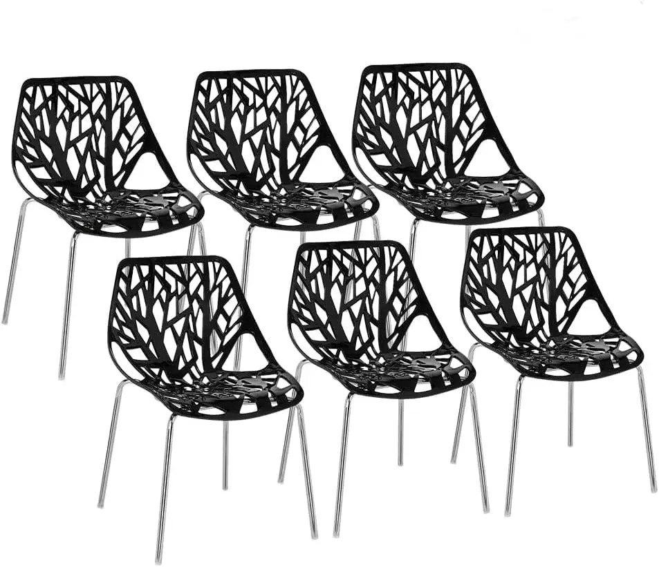 Modern Black Dining Chairs Set of 6,Plastic Saping Birch Chairs,Stackable Dining Chairs Set for Living Room/Kitchen/Office (6, B