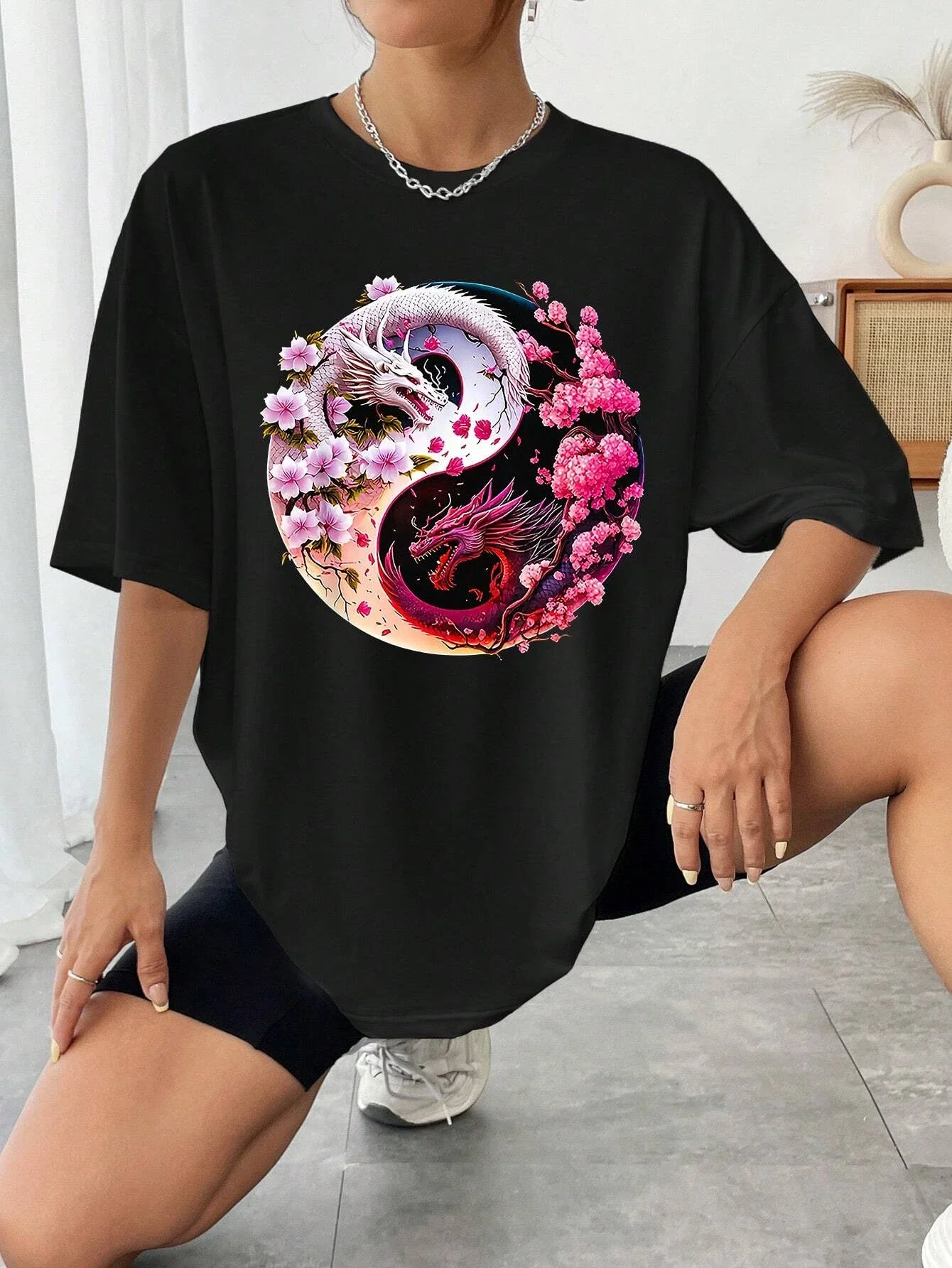 

Женские футболки с красивым принтом дракона, уличные топы в стиле хип-хоп, спортивные повседневные удобные универсальные футболки с короткими рукавами и круглым вырезом