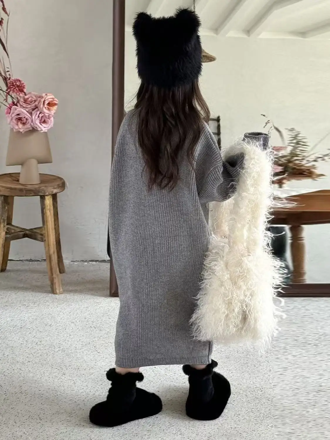 

Girls Gray Casual Knitted Sweater Dress 2026 Autumn New Children Korean Thick Long Over Knee Sweater Dress