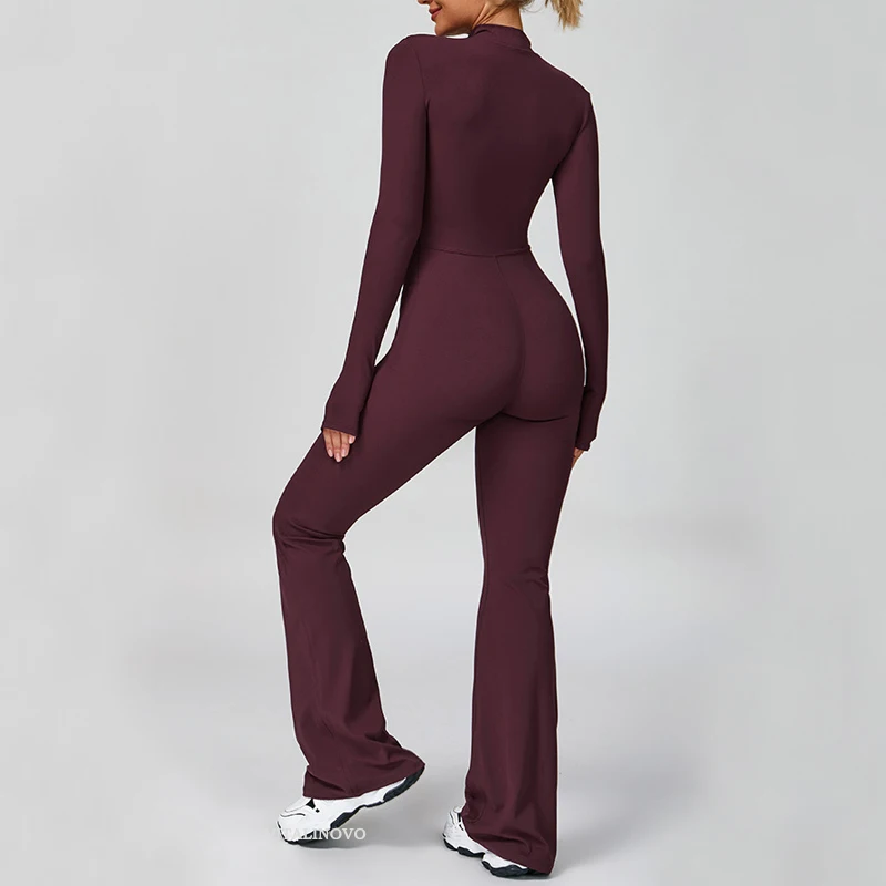 VITALINOVO Damen-Overall mit langen Ärmeln, Flare-Workout-Overall, Reißverschluss, Strampler, Hose, weites Bein, Ganzkörper-Body, figurbetont, einteilig – Detail 18