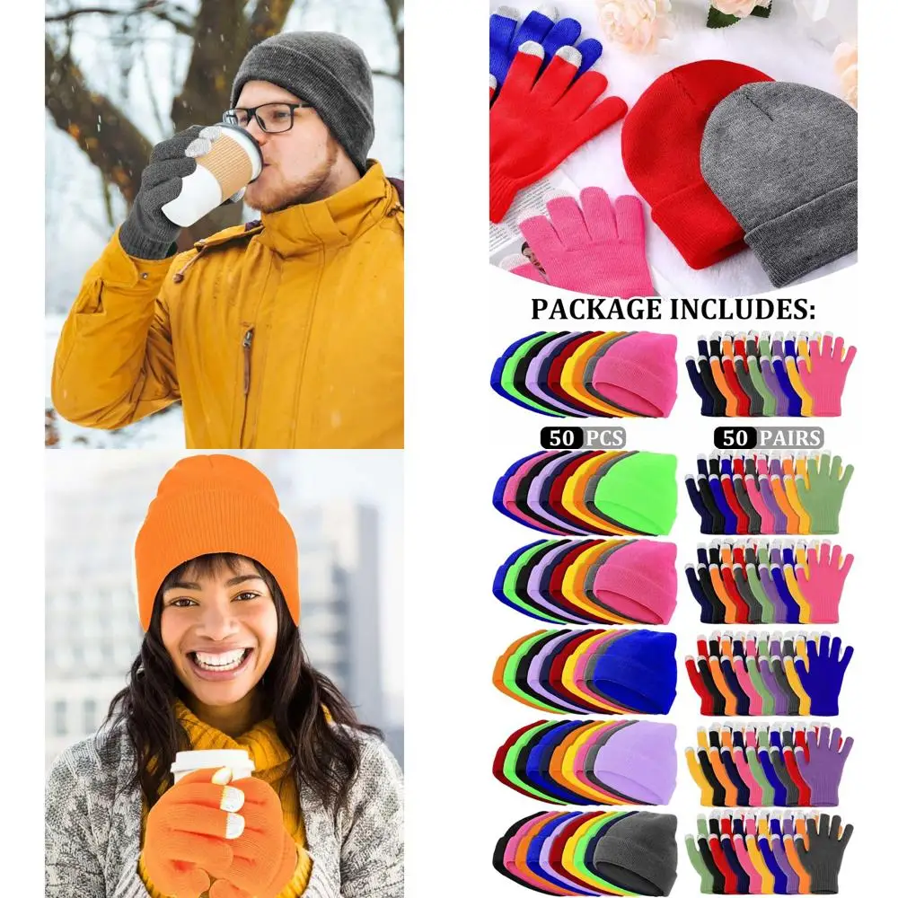 

100 Pack Unisex Winter Beanies & Touchscreen Gloves - Warm Bulk Hats & Gloves Set for Men & Women