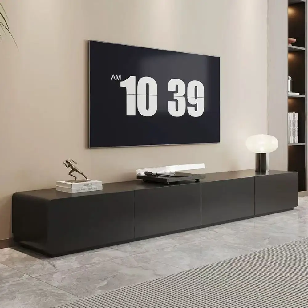 

*TV cabinet living room black Italian minimalist high-end feeling against the wall Floor cabinet rock slab