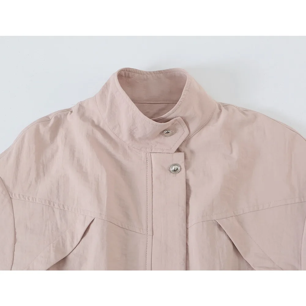 New in Stylish Pink Stand-Up Collar Zippered Jackets for Women Elegant Chic Elastic Waist Drawstring Jackets with Elastic Cuffs