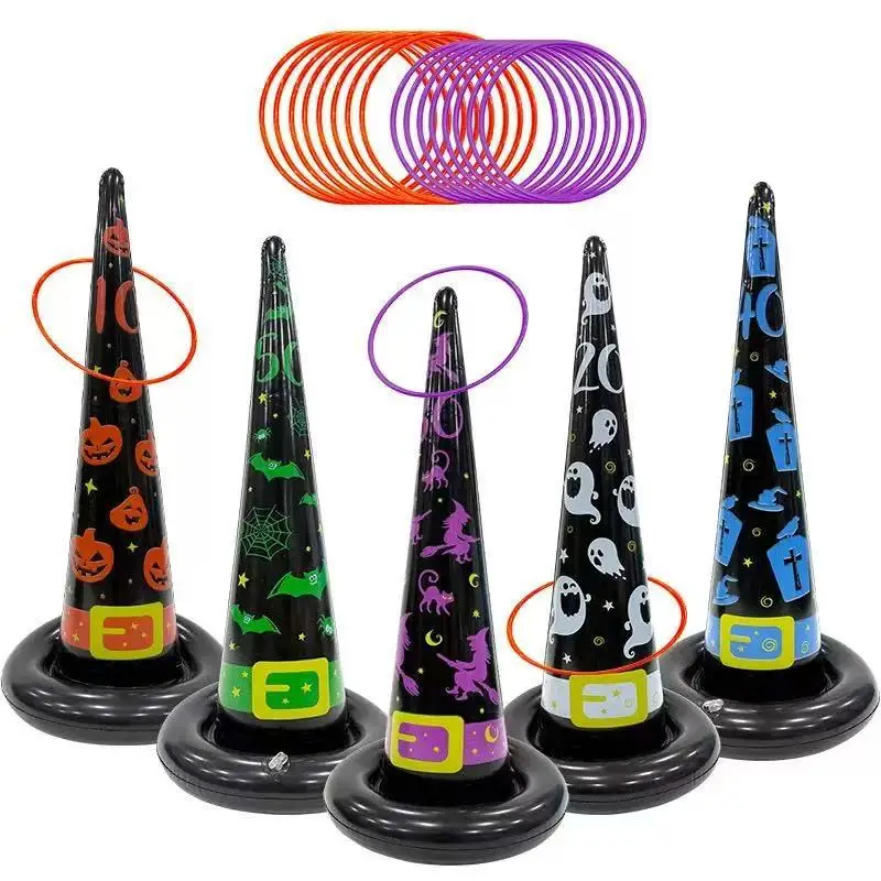 Sombrero inflable de Halloween, juguete, sombrero de bruja inflable, murciélago, lápida, fantasma, calabaza, gato, fiesta de vacaciones, juego de lanzamiento interactivo, aro