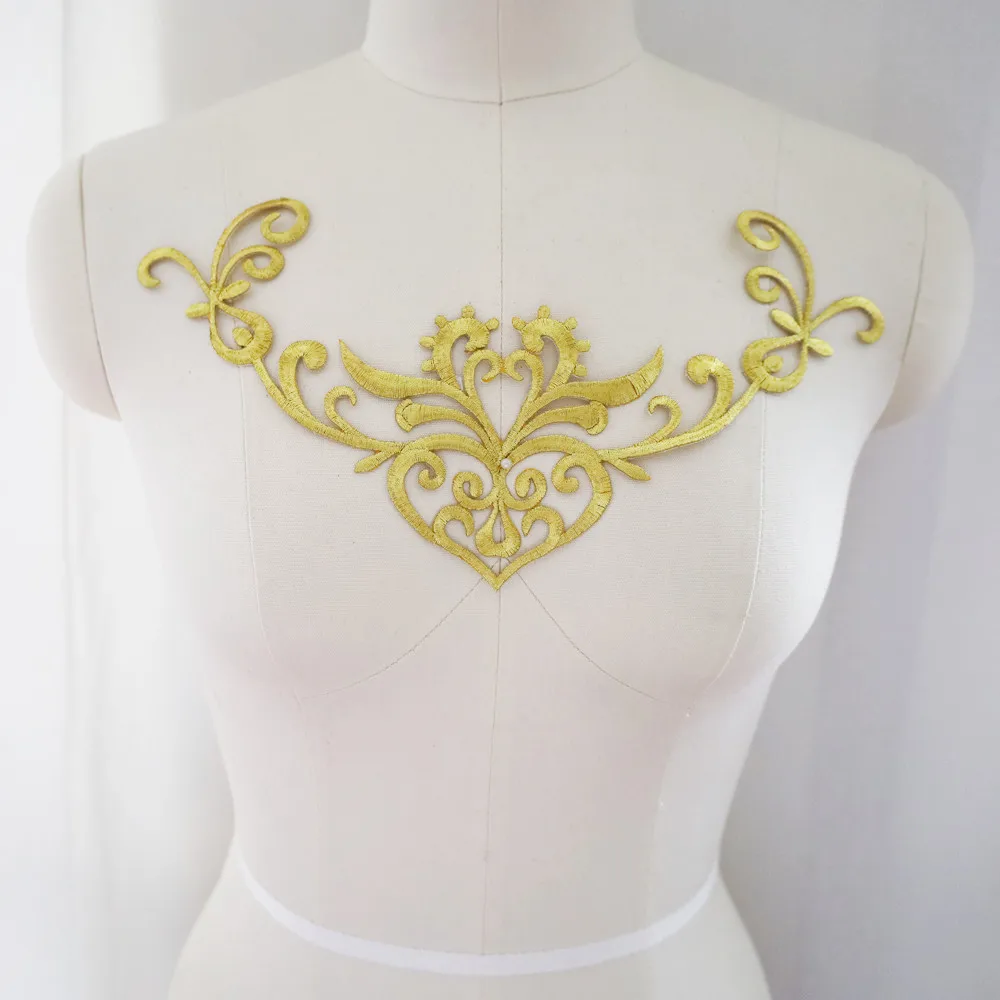 Gold Embroidered Baroque Flower Heart Appliques Bridal Gown Fabric Iron Sew On Patch For Wedding Clothes Dress Decor DIY Crafts